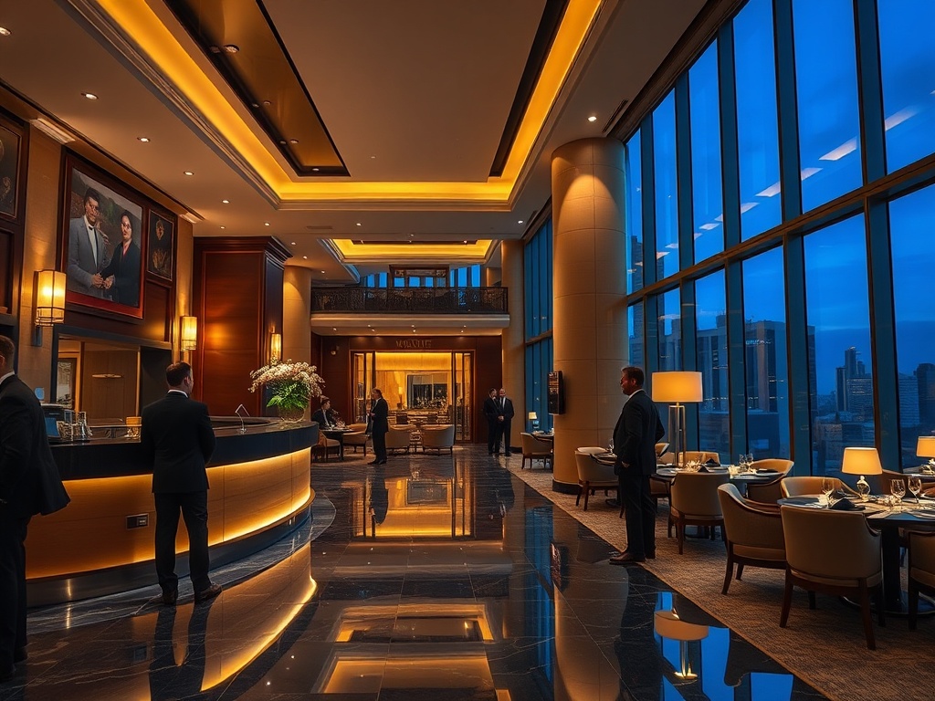 “elegant hotel lobby at night, warm golden lights, smiling concierge offering keyless arrival, guests in luxurious suits, panoramic suite window view, gourmet dining ambiance”