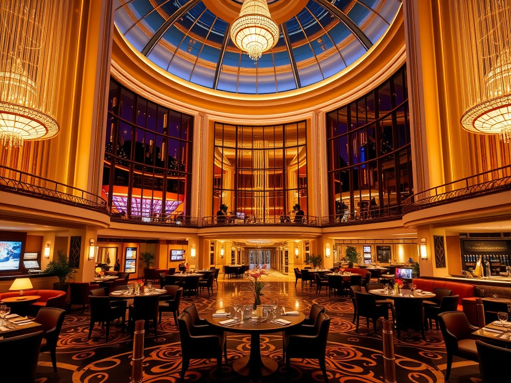 A luxurious casino hotel atrium at night, warm golden lighting, elegant guest suite window view, gourmet dining tables, sleek lounge bar ambiance, subtle entertainment glow, modern leisure area.