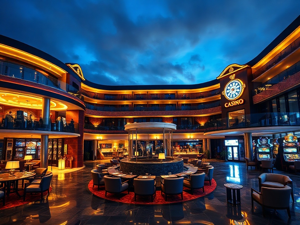 Elegant casino hotel resort at dusk, illuminated lobby and lounge, plush seating, glass reflections, soft lighting, welcoming atmosphere, luxury details.