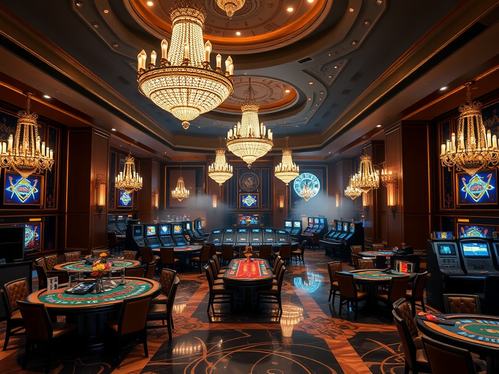 A luxurious casino hotel interior at night, glowing chandeliers, elegant gaming tables, plush seating, marble floors, distant spa steam, inviting warm ambiance.