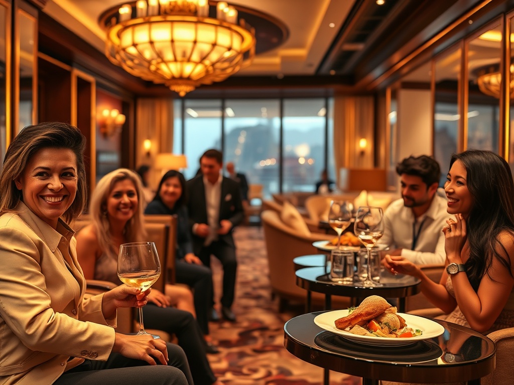 "A warm, elegant casino hotel lounge; smiling guests in stylish attire; soft golden lighting; gourmet plated dishes; cozy suite view; subtle wellness ambiance; inviting luxury." " "You MUST not include ANY brand images or logos. You may ONLY reply with th