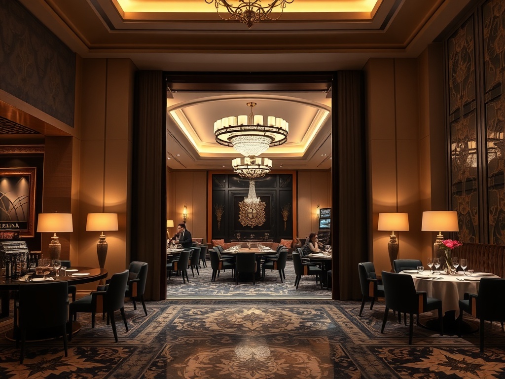 A contemporary luxury casino hotel scene, elegant suite lounge opening to a gourmet dining area, warm ambient lighting, subtle gaming atmosphere, guests relaxing.