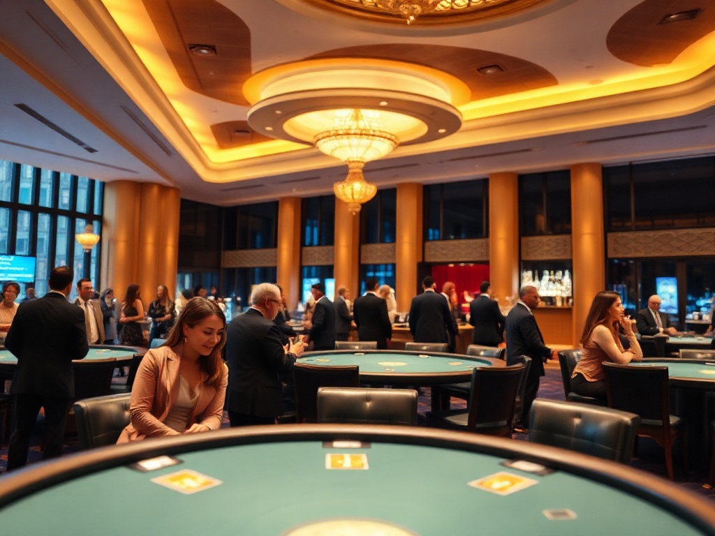 "Elegant casino hotel event hall with warm ambient lighting, velvet seating, stylish guests networking and smiling, subtle poker tables in background, modern bar, soft bokeh." "Vibrant yet refined atmosphere, luxury décor, panoramic windows, tasteful col