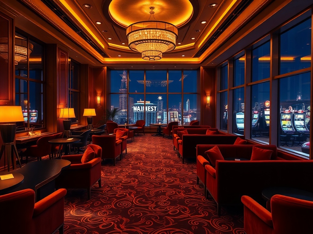 A luxurious casino hotel lounge at night, warm ambient lighting, elegant velvet seating, panoramic windows, distant gaming lights, serene wellness glow, cinematic realism.
