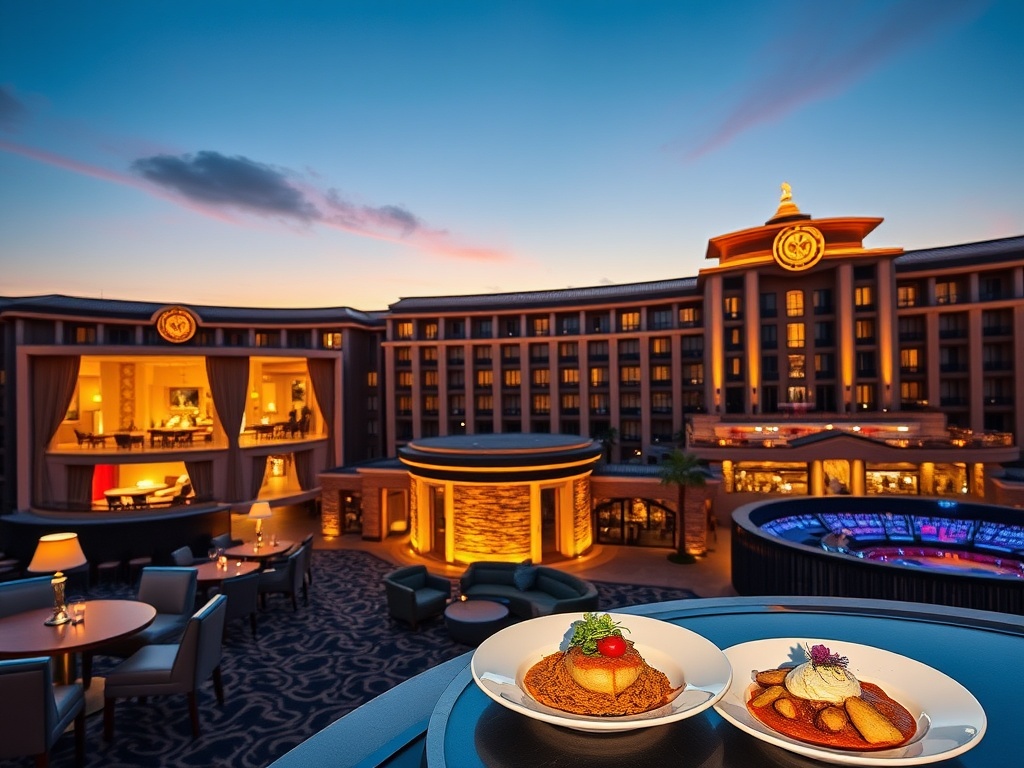 A luxurious casino hotel at dusk with elegant suites interior glimpses, a glowing lounge bar, gourmet plated dishes, warm wellness spa lights, vibrant entertainment ambiance, no logos.