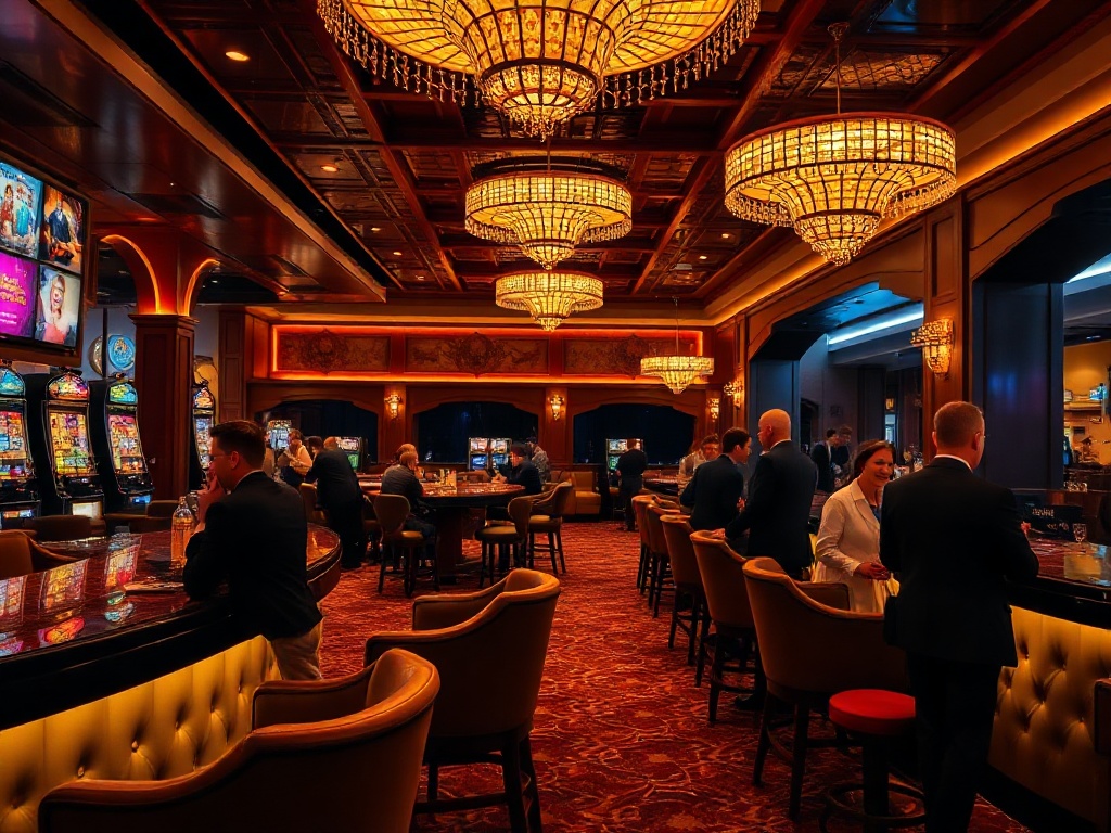 A glamorous casino hotel lounge at night, warm golden lights, elegant guests smiling, velvet seating, sparkling bar, subtle entertainment ambiance.