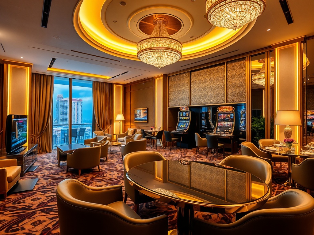 Luxurious casino hotel interior with elegant guest suite view, golden ambient lighting, gourmet dining table, sleek leisure lounge, subtle entertainment lights.