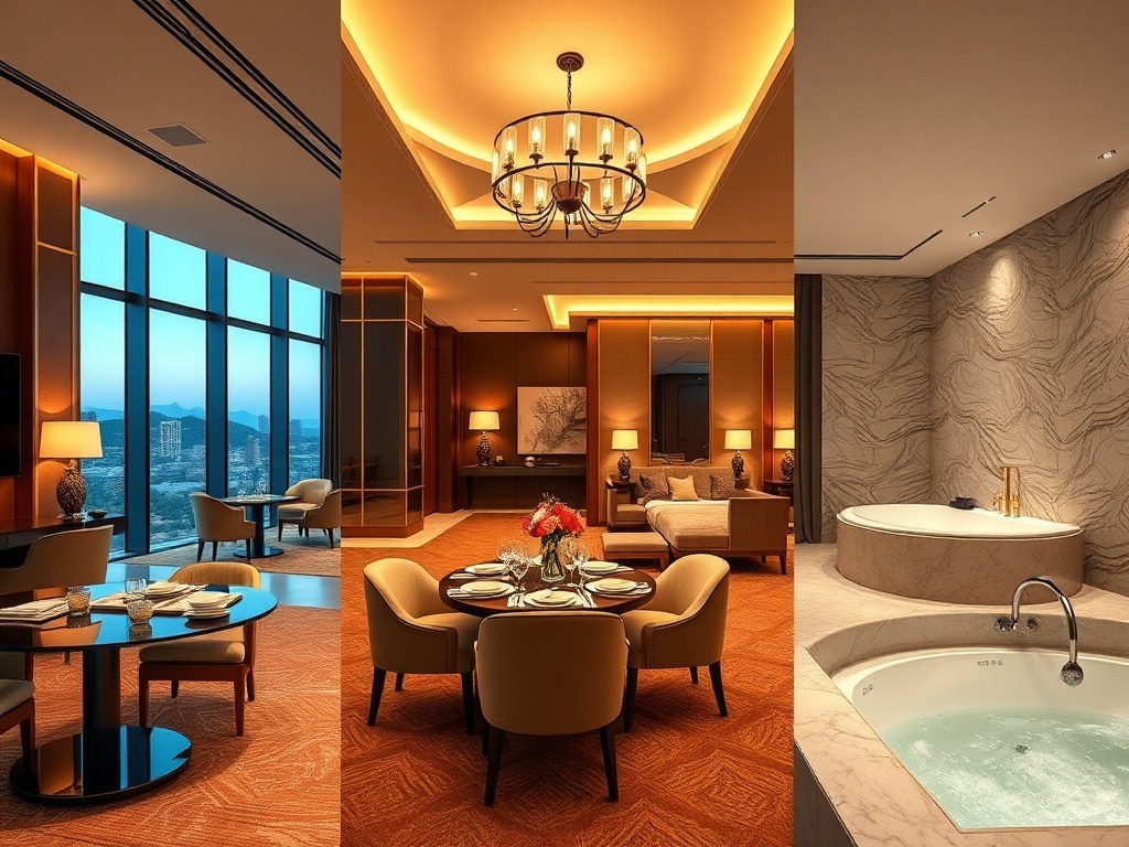 Modern casino hotel lounge, "gourmet dining table", "luxury suite bedroom", and "serene wellness spa" in one seamless split-scene, warm lighting, elegant materials.