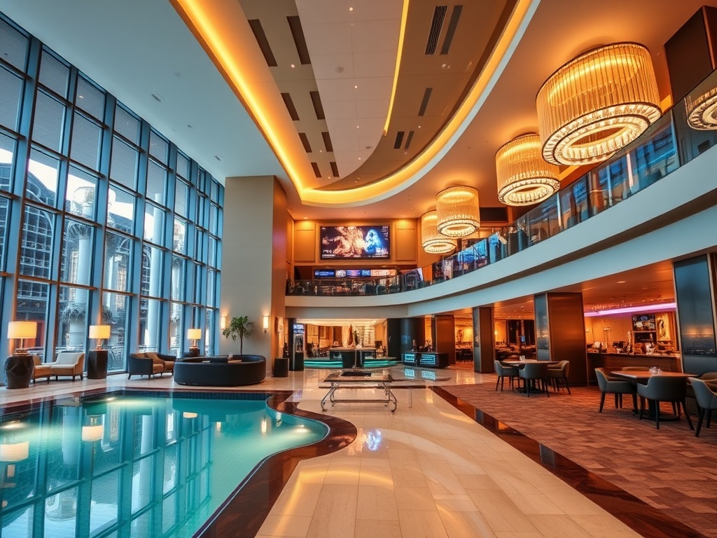 Modern casino hotel resort scene, elegant lobby, stylish suites glimpsed, warm gourmet dining lighting, serene wellness spa pool, vibrant entertainment lounge, inviting atmosphere, wide-angle.