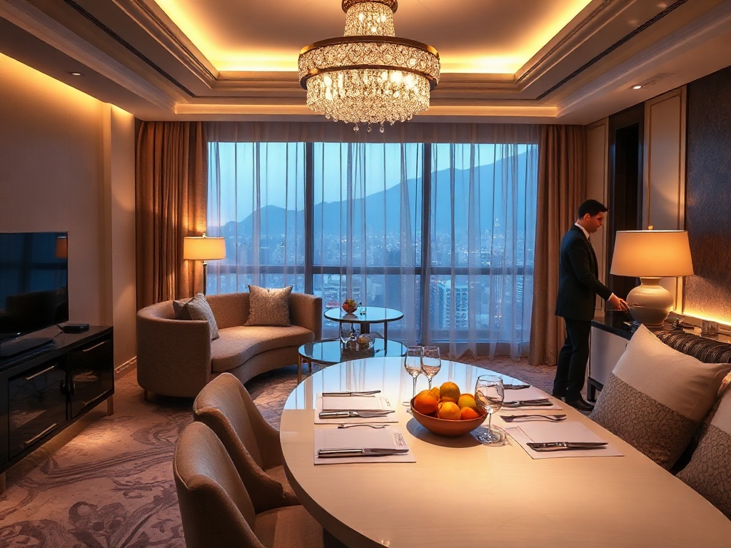 A luxurious casino hotel suite blending warm modern interiors “sofa” “bed” “soft lighting” with an adjacent elegant dining table “glowing chandelier” “attentive staff silhouette”