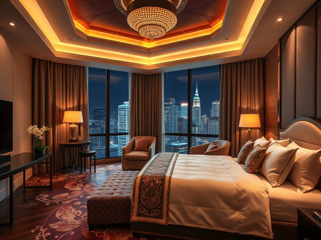 "elegant casino hotel suite with plush bed" "golden ambient lighting" "stylish lounge seating" "serene spa steam" "luxury amenities" "night skyline glow"