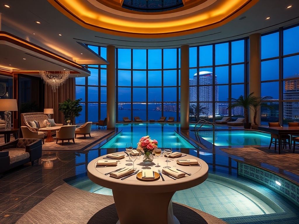 A glamorous luxury casino hotel resort scene; elegant suite interior, gourmet dining table, serene spa pool, and stylish cocktail lounge lighting, all unified.