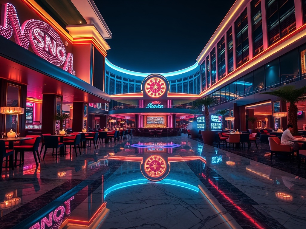 "Luxury casino hotel resort at night, neon reflections on wet marble, elegant lounge seating, warm dining glow, modern spa steam, welcoming atmosphere, cinematic wide shot"