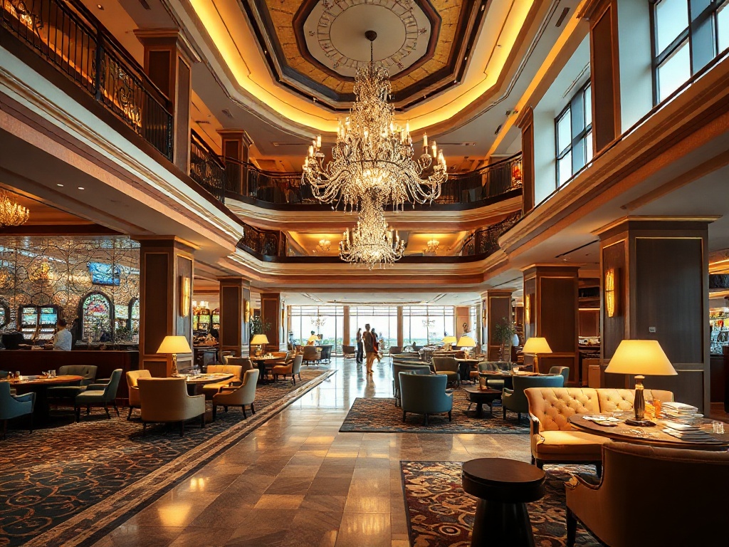 Elegant casino hotel lobby blending warm luxury and calm relaxation, featuring plush seating, softly lit lounge, gourmet dining ambiance, wellness spa glimpses, friendly concierge.