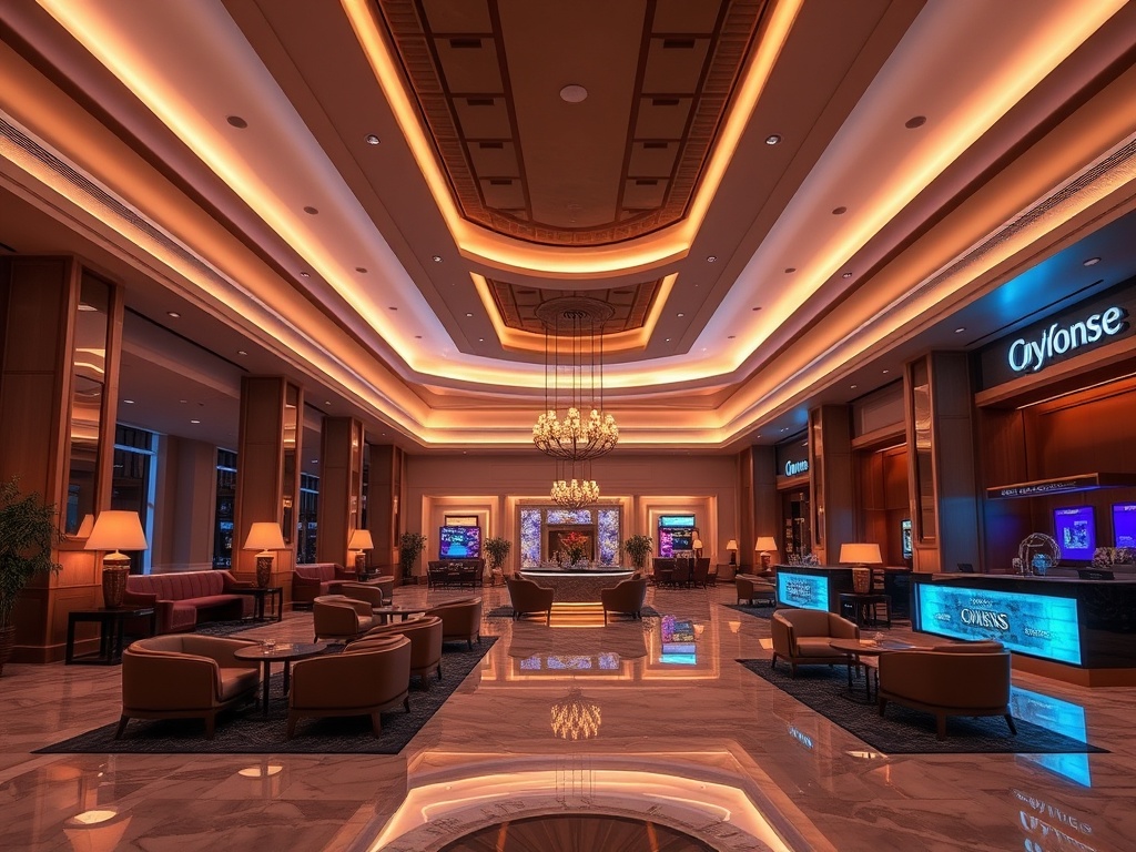"Modern casino hotel lobby at dusk, warm ambient lighting, elegant seating, marble and glass, subtle neon reflections, smiling concierge, inviting resort vibe"
