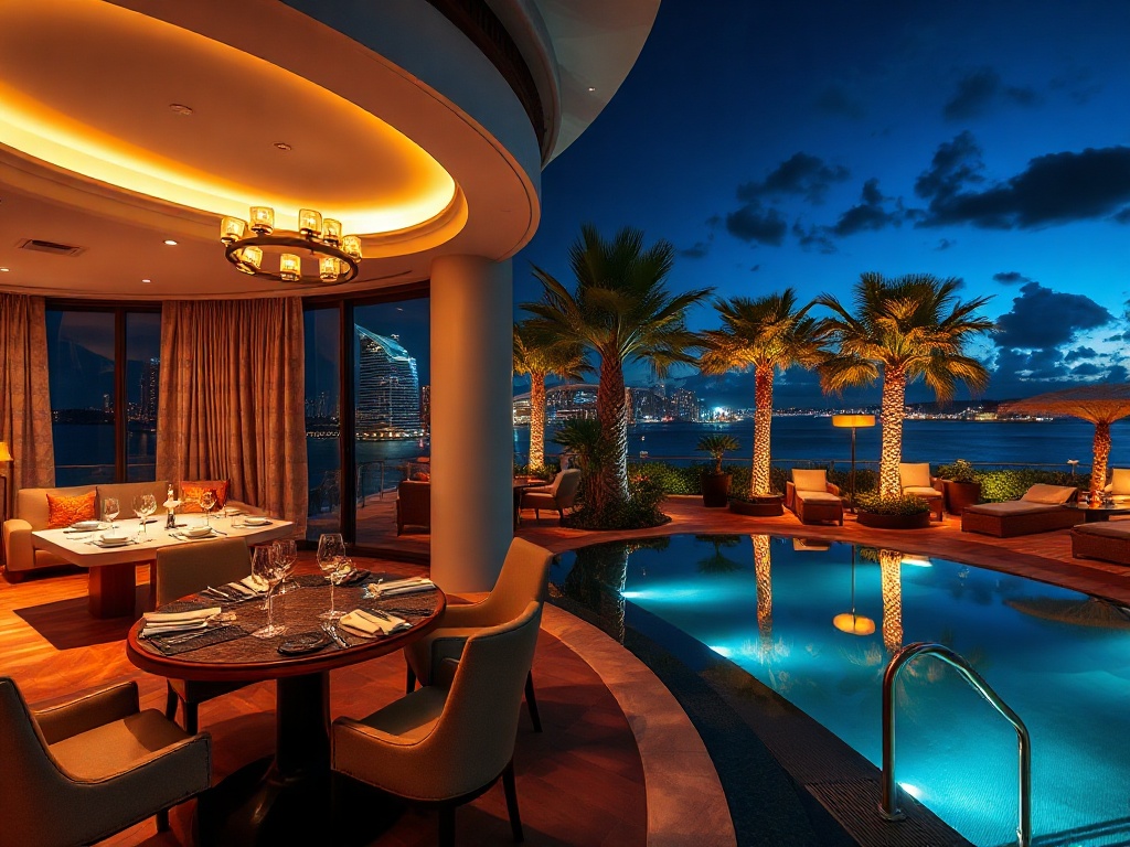 A glamorous nighttime resort vista combining “luxury hotel suite interior” “elegant fine-dining table” “modern spa lounge” and “vibrant entertainment lights”.