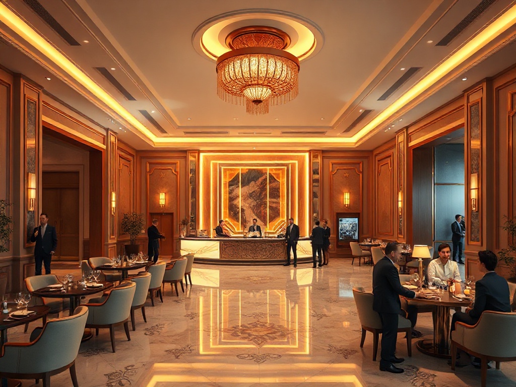 "Luxurious casino hotel interior lobby with warm golden lighting, elegant check-in desk, plush seating lounge, refined restaurant tables, soft modern decor, serene atmosphere, guests smiling, cinematic realism" " " "