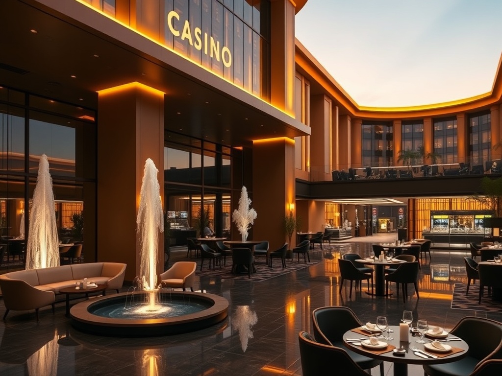 "A modern luxury casino hotel lobby at dusk, warm golden lighting, elegant seating, subtle fountain, gourmet dining tables, serene spa glow, welcoming concierge ambiance." " " " "