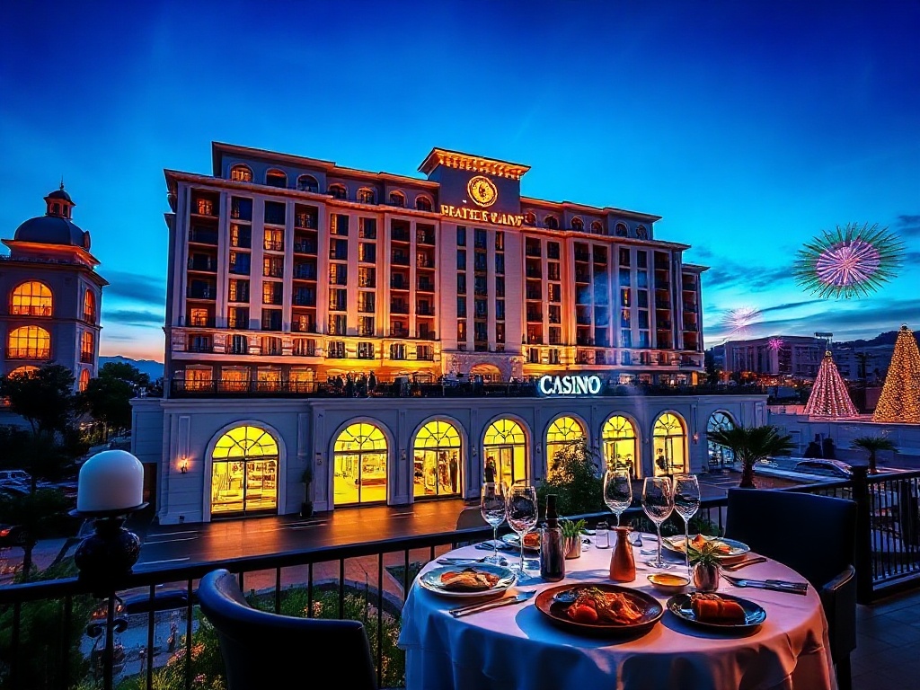 Luxurious casino hotel resort at twilight, elegant facade, glowing windows, spacious suites balcony, fine dining table with gourmet dishes, modern spa steam, ambient entertainment lights.