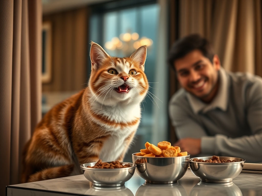 "A joyful domestic cat at a luxurious hotel suite window" "charming owner smiling nearby" "bowls with fresh gourmet cat food" "soft warm lighting" "elegant modern decor"