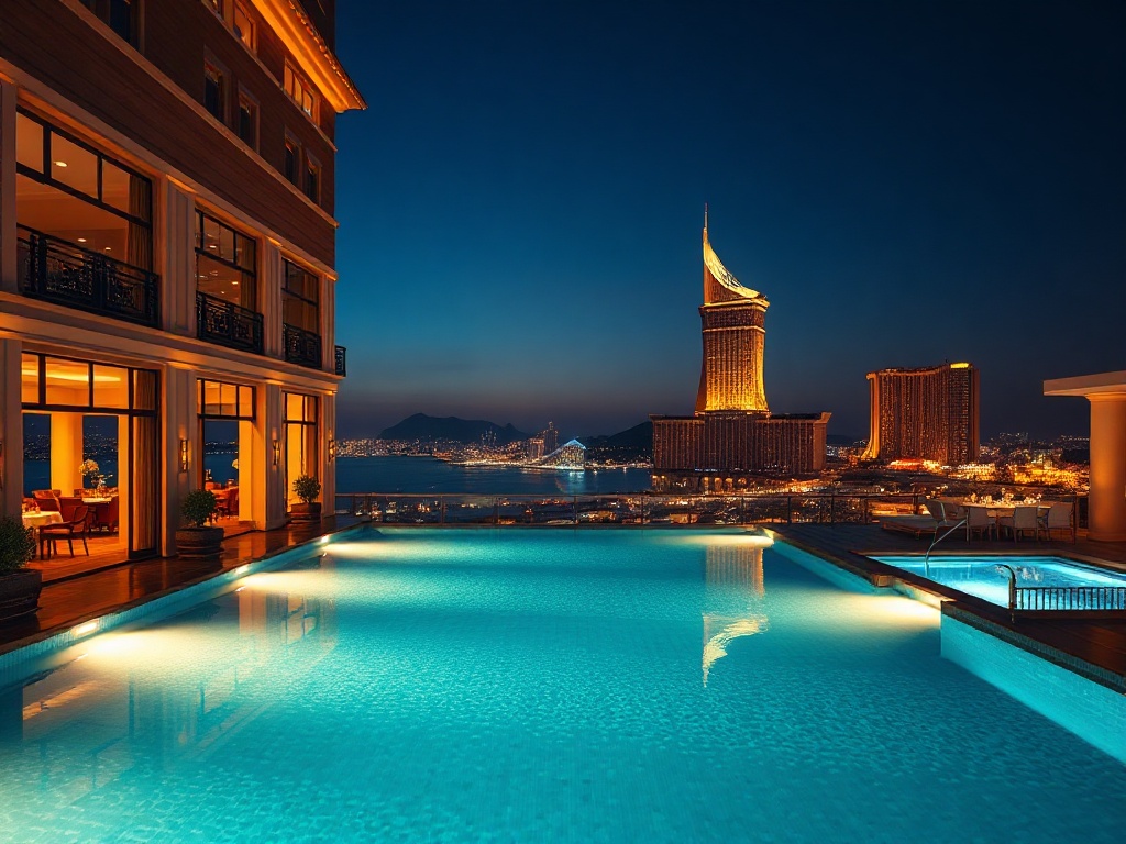 A luxurious casino hotel resort hero scene with warm golden lighting "spacious elegant suites windows" "a sparkling infinity pool" "fine dining terrace" "modern wellness spa lights" "stylish entertainment glow" "stylized night skyline"