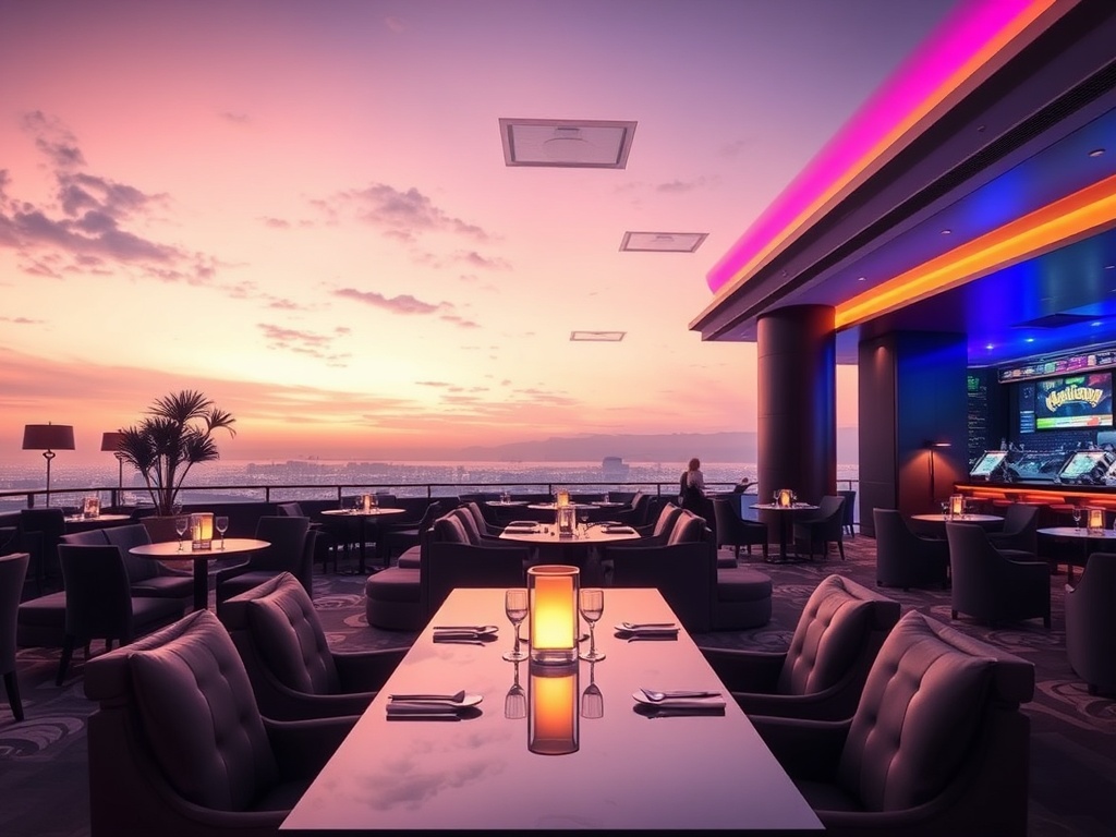 A luxurious modern casino hotel lounge at dusk, warm ambient lighting, plush seating, elegant dining table, subtle wellness spa glow, vibrant entertainment lights.