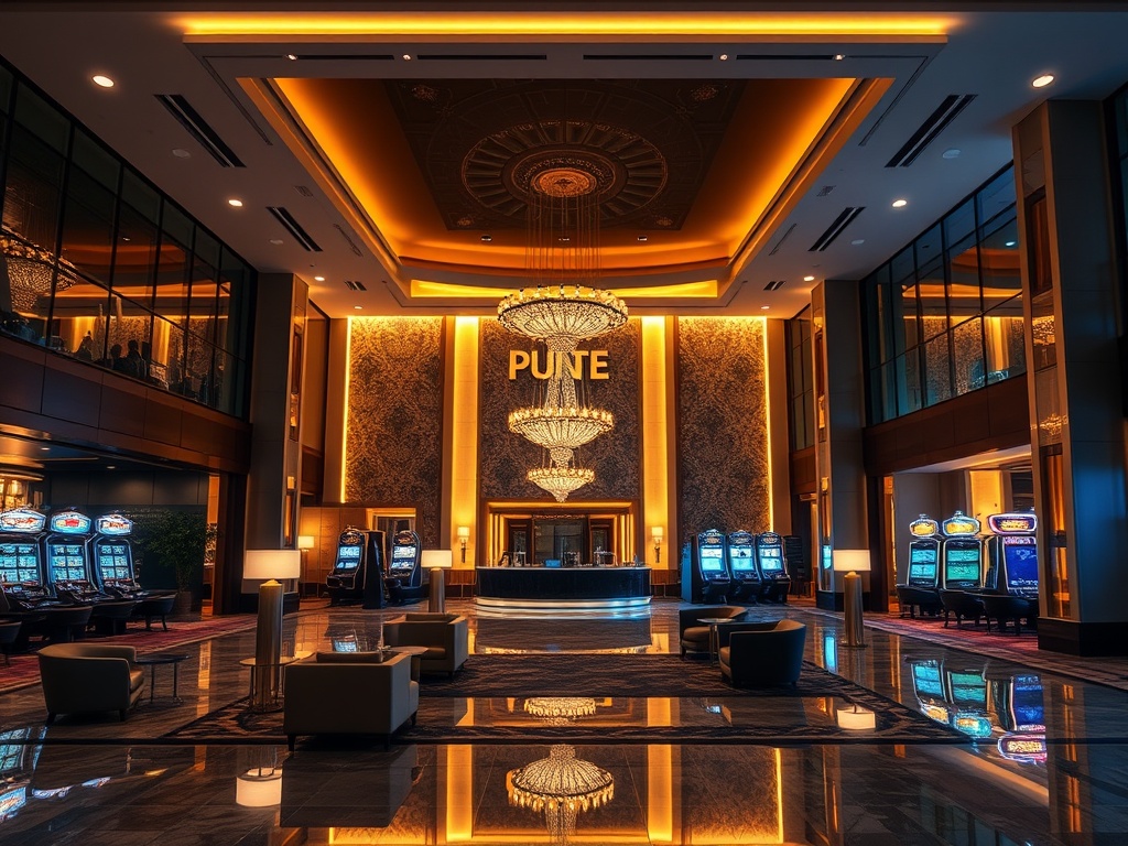 "Modern casino hotel lobby at night, warm concierge welcome, elegant lounge seating, glowing gaming ambience, luxury textures, cinematic lighting"