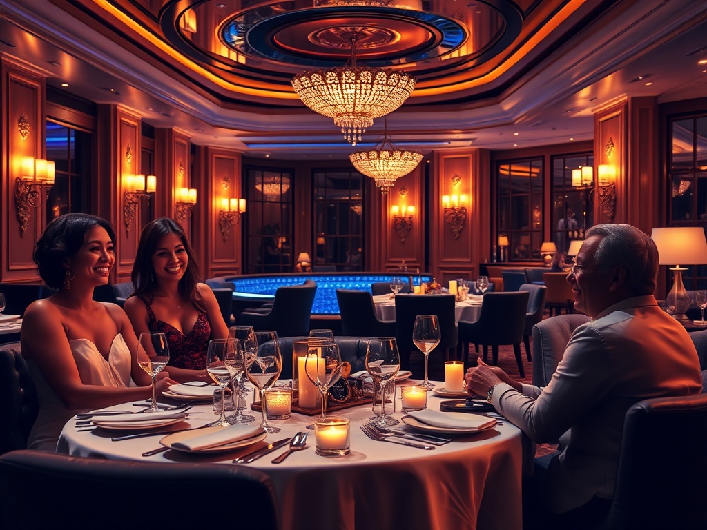 A glamorous casino-hotel scene showing elegant guests smiling, a luxurious suite lounge, warm candlelit gourmet dining, and a tranquil spa corner, cinematic lighting, high-end mood." "You MUST not include ANY brand images or logos. You may ONLY reply with