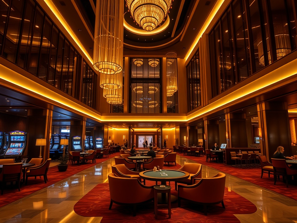 "Modern casino hotel lobby at night, warm golden lights, elegant lounge seating, subtle card-table atmosphere, spa entrance glow, guests relaxing, cinematic wide-angle, high-end interior"