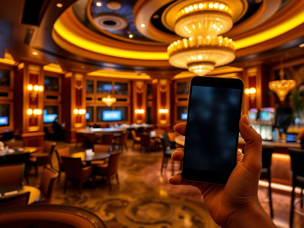 A luxurious casino hotel lounge at night, warm golden lighting, elegant seating, bartender glow; a hand holding a smartphone with blurred screens.
