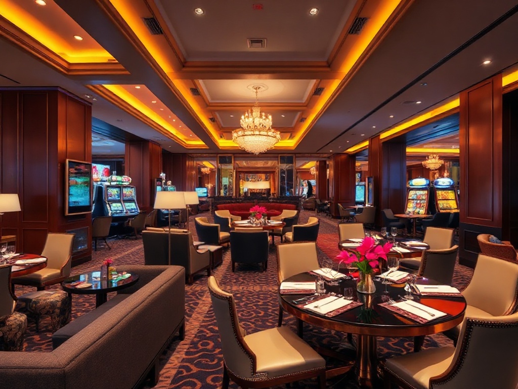 "Luxurious casino hotel interior with warm ambient lighting, elegant seating lounge, shimmering gaming area in background, gourmet dining table, spa-style relaxation corner, inviting atmosphere." " "You MUST not include ANY brand images or logos. " "You m