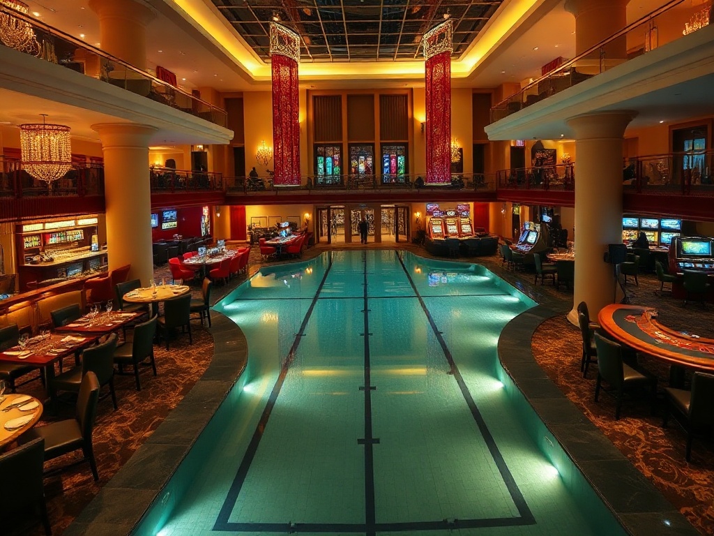A luxurious casino hotel interior at golden hour, elegant guest lounge, gourmet dining tables, shimmering bar lights, subtle gaming ambience, modern leisure pool, warm attentive staff, cinematic depth. "