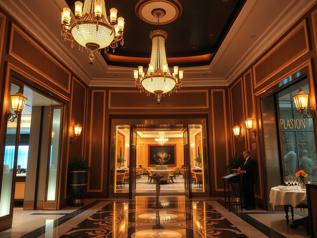 "luxury casino hotel lobby at night" "glowing chandeliers" "elegant suites doorway" "wellness spa steam" "gourmet dining table" "smiling concierge" "warm ambient lights" "lively resort atmosphere"