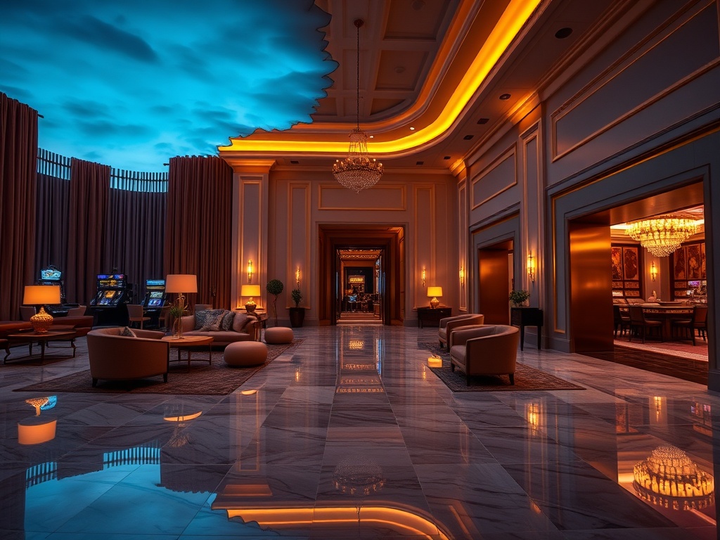 "luxury casino hotel lobby at dusk, warm golden lighting, elegant sofa lounge, marble floors, subtle gaming ambiance, modern room doorway glimpse, serene yet inviting atmosphere, cinematic depth of field, ultra realistic"