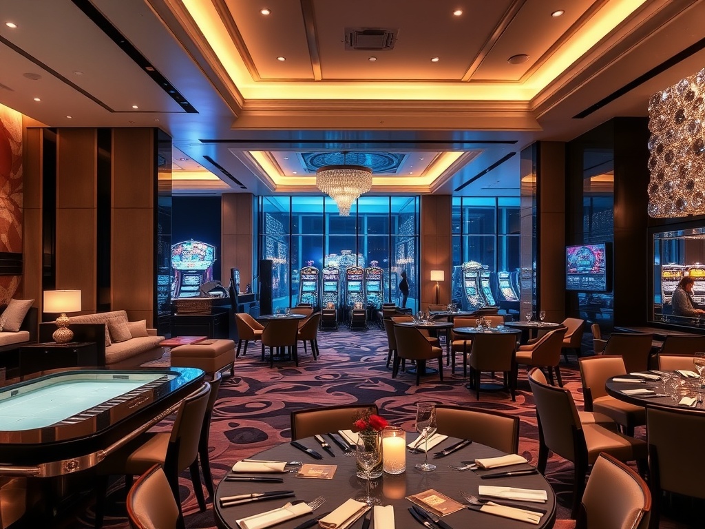 "luxe contemporary casino hotel interior" "glowing suites" "wellness spa area" "gourmet dining table" "subtle gaming lights" "stylish social lounge" "warm inviting atmosphere" "soft cinematic lighting"
