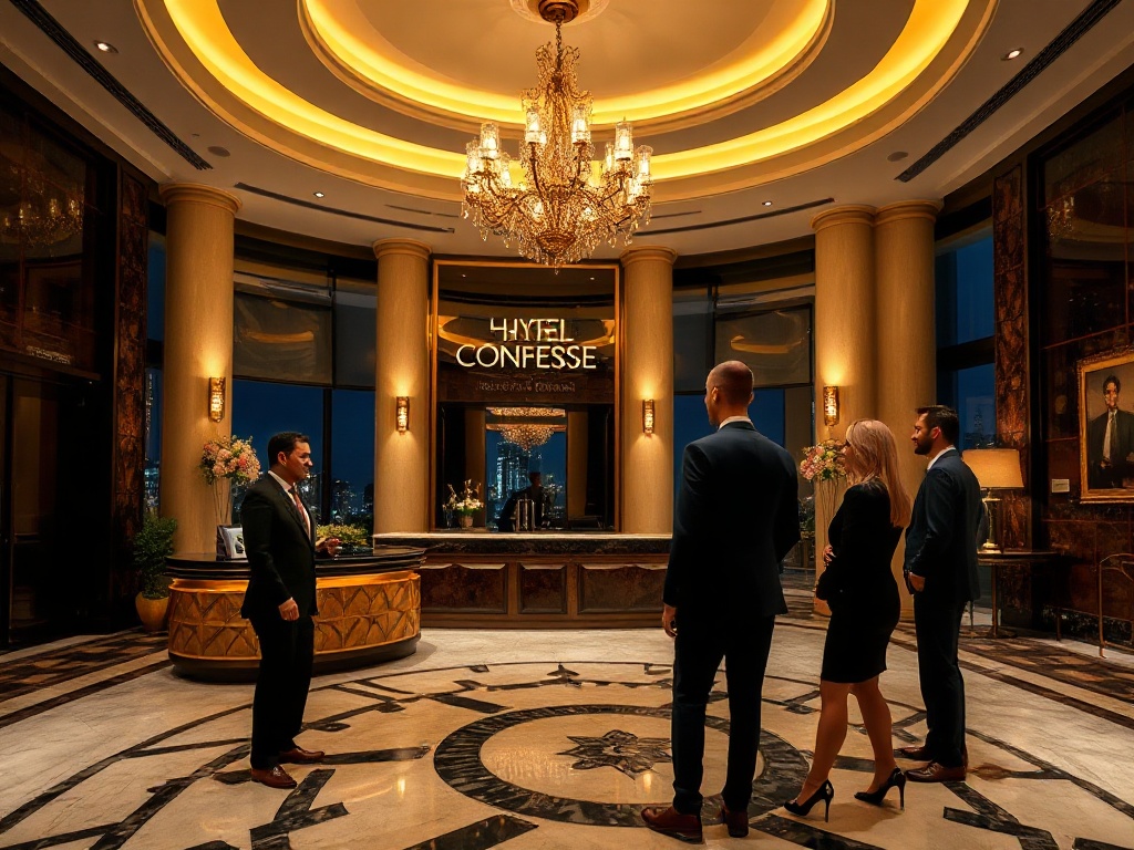 “elegant hotel lobby at night, warm golden lights, smiling concierge offering keyless arrival, guests in luxurious suits, panoramic suite window view, gourmet dining ambiance”