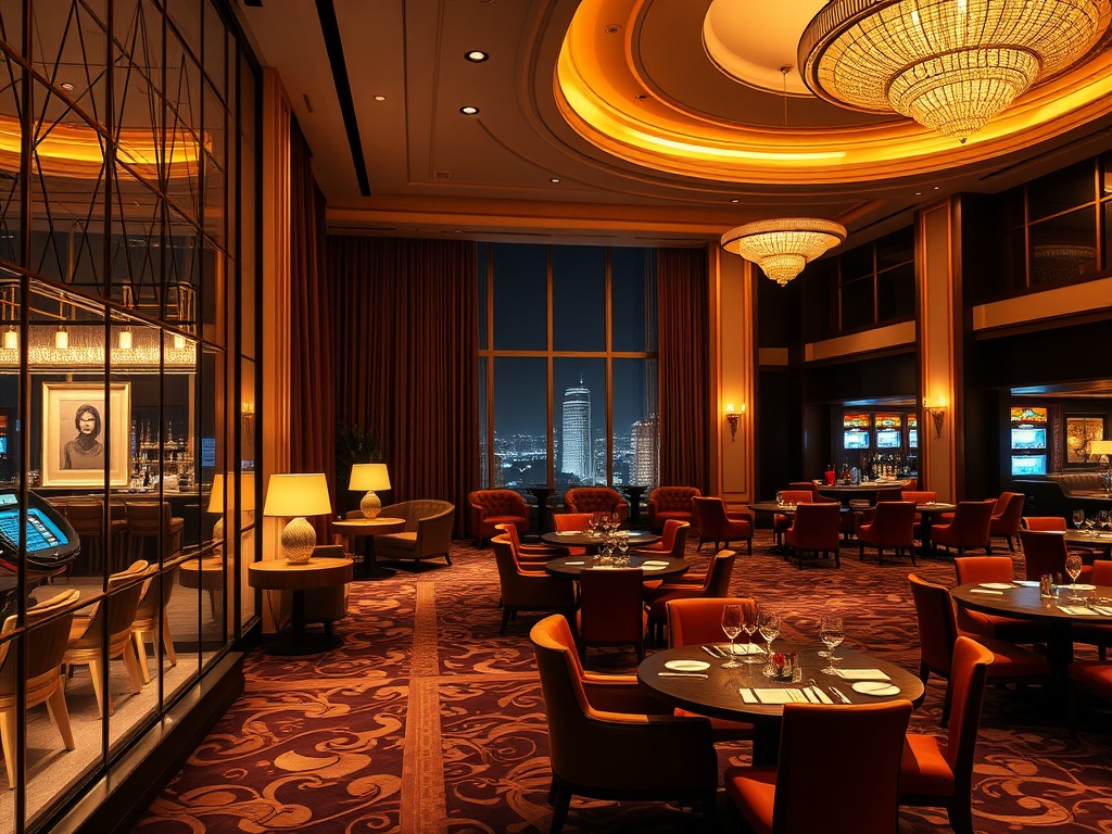 Luxurious casino hotel lobby at night, warm lighting, velvet lounge seating, elegant suite view window, subtle gaming atmosphere, gourmet dining tables, glamorous bar, welcoming ambience, no people.