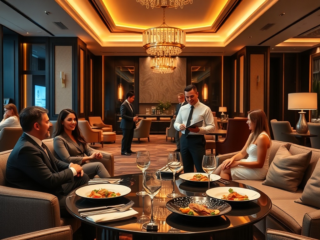 Modern casino hotel lounge, warm ambient lighting, elegant sofas, concierge-style staff greeting guests, guests smiling, gourmet dining plates on table, subtle wellness spa background, cinematic depth.