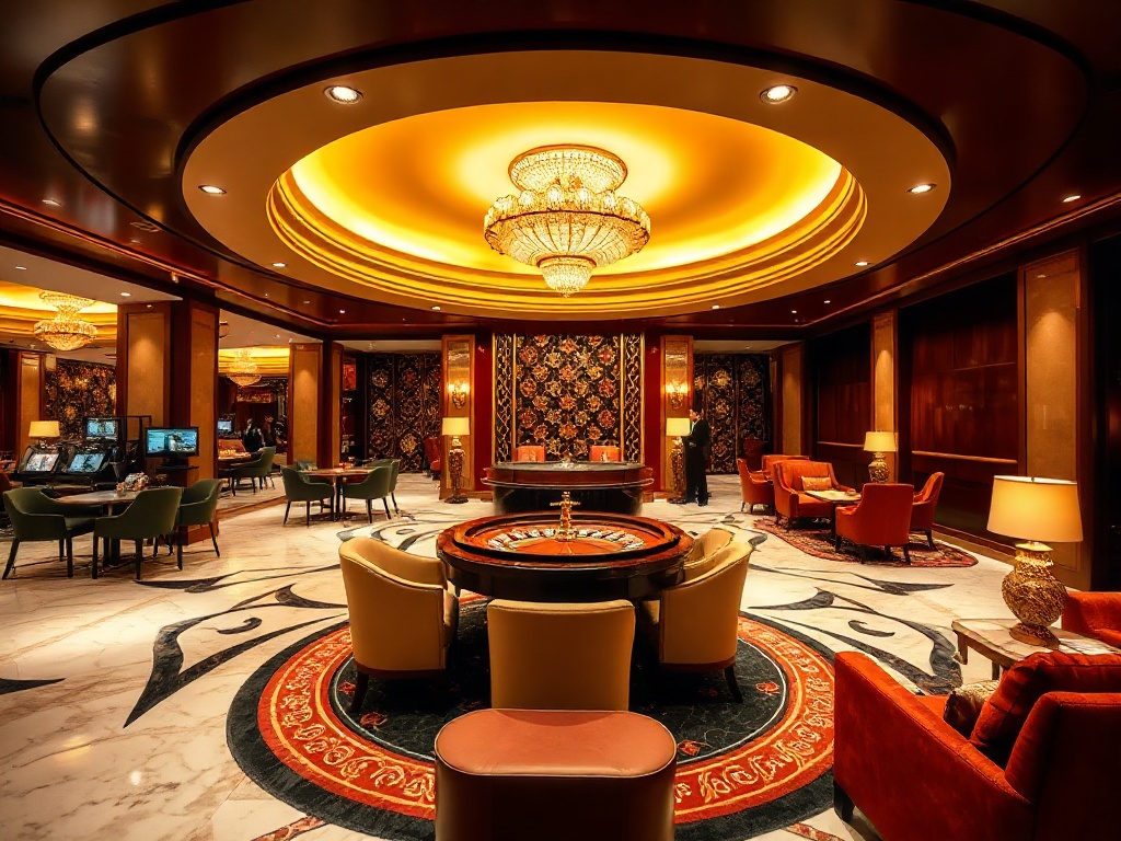 Elegant premium casino hotel lobby with warm golden lighting, marble floors, velvet seating, a subtle roulette table in background, stylish guests relaxing, inviting luxury atmosphere.
