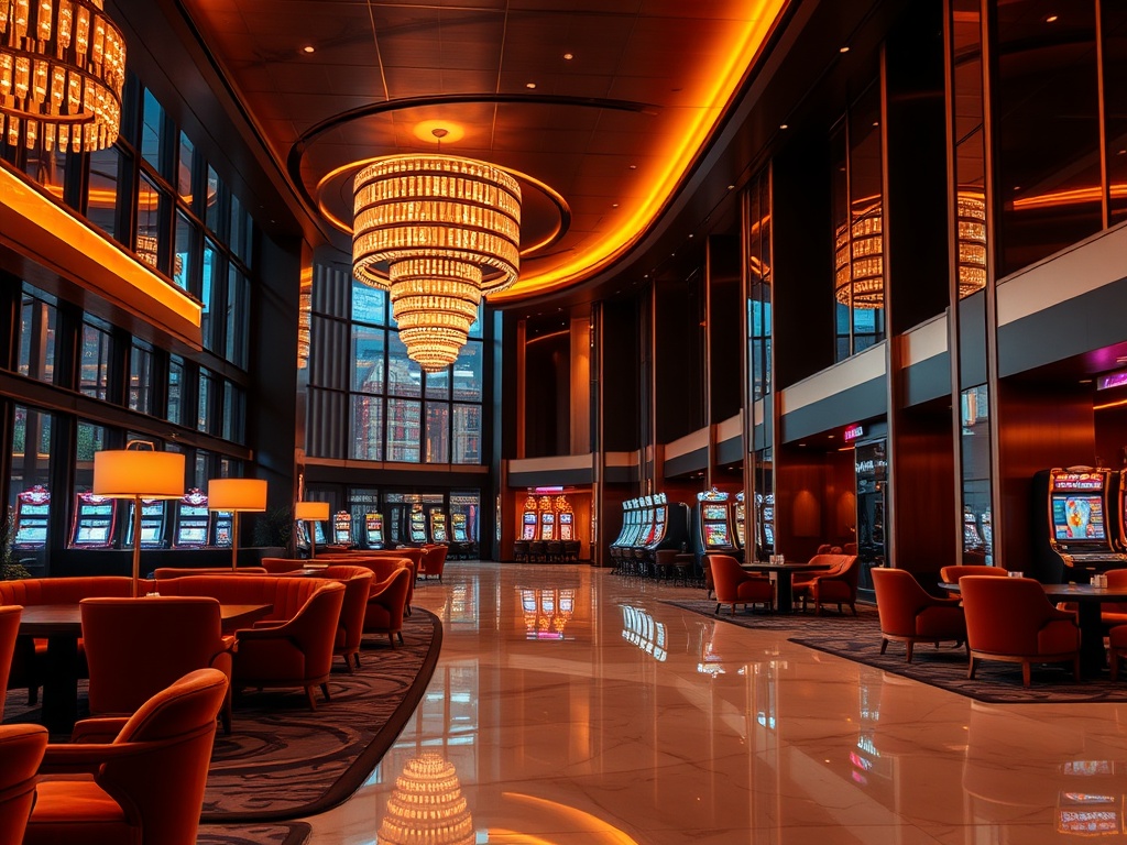 A modern casino hotel hero scene; warm luxury lobby with velvet seating, soft golden lighting, distant gaming lights, sleek marble floors, inviting lounge atmosphere.