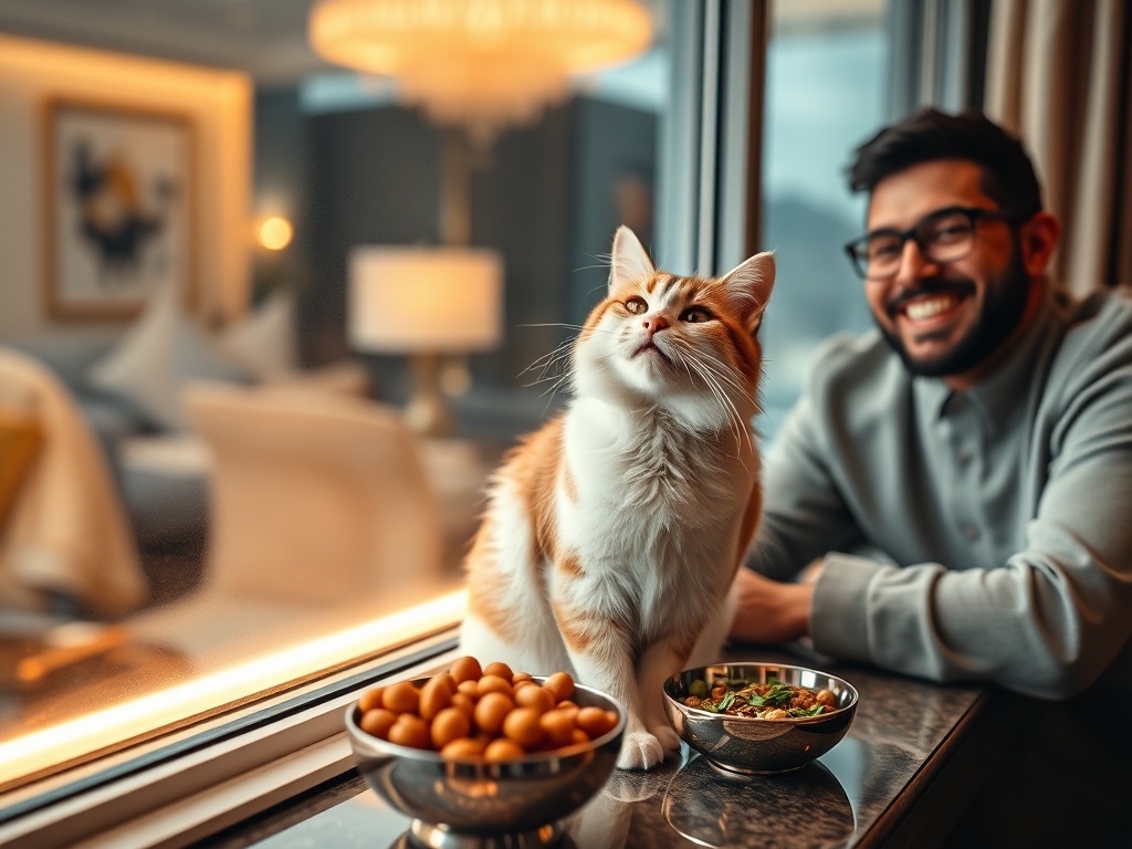 "A joyful domestic cat at a luxurious hotel suite window" "charming owner smiling nearby" "bowls with fresh gourmet cat food" "soft warm lighting" "elegant modern decor"
