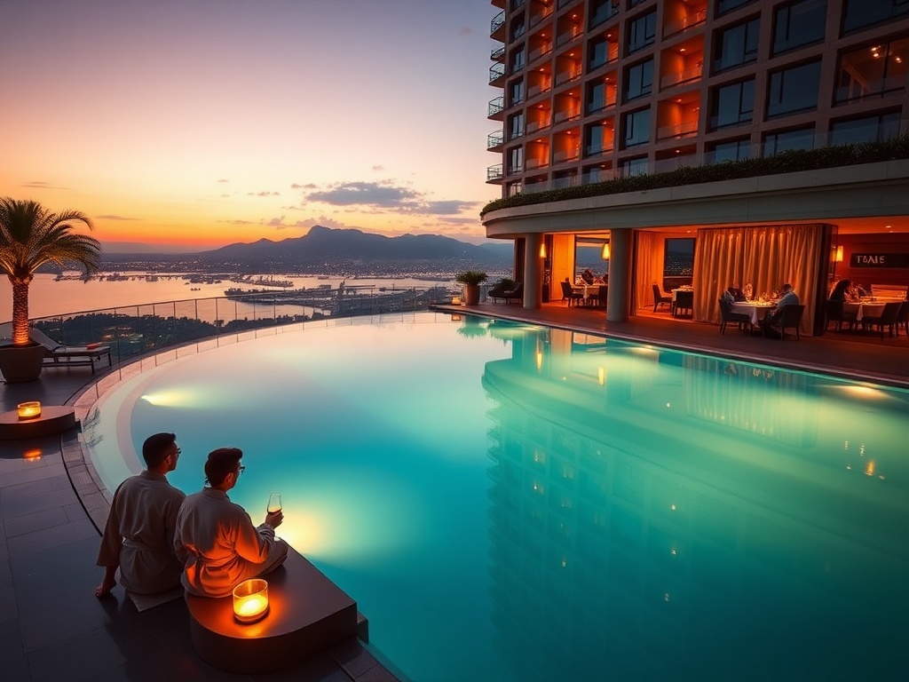 "luxe casino hotel infinity pool at dusk, warm ambient lights, elegant lounge terrace, spacious suite window glow, guests in robes, serene wellness steam, fine dining ambiance"