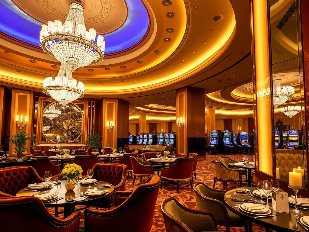 "luxury casino hotel interior with elegant lounge, sparkling chandeliers, velvet sofas, gourmet dining plates, serene spa lighting, distant gaming silhouettes, warm golden glow"