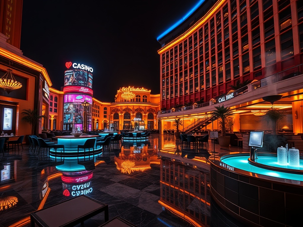 "Luxury casino hotel resort at night, neon reflections on wet marble, elegant lounge seating, warm dining glow, modern spa steam, welcoming atmosphere, cinematic wide shot"