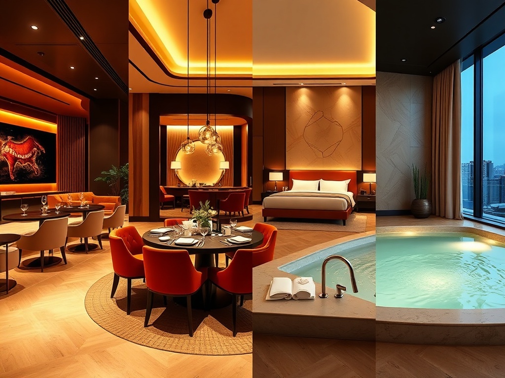 Modern casino hotel lounge, "gourmet dining table", "luxury suite bedroom", and "serene wellness spa" in one seamless split-scene, warm lighting, elegant materials.