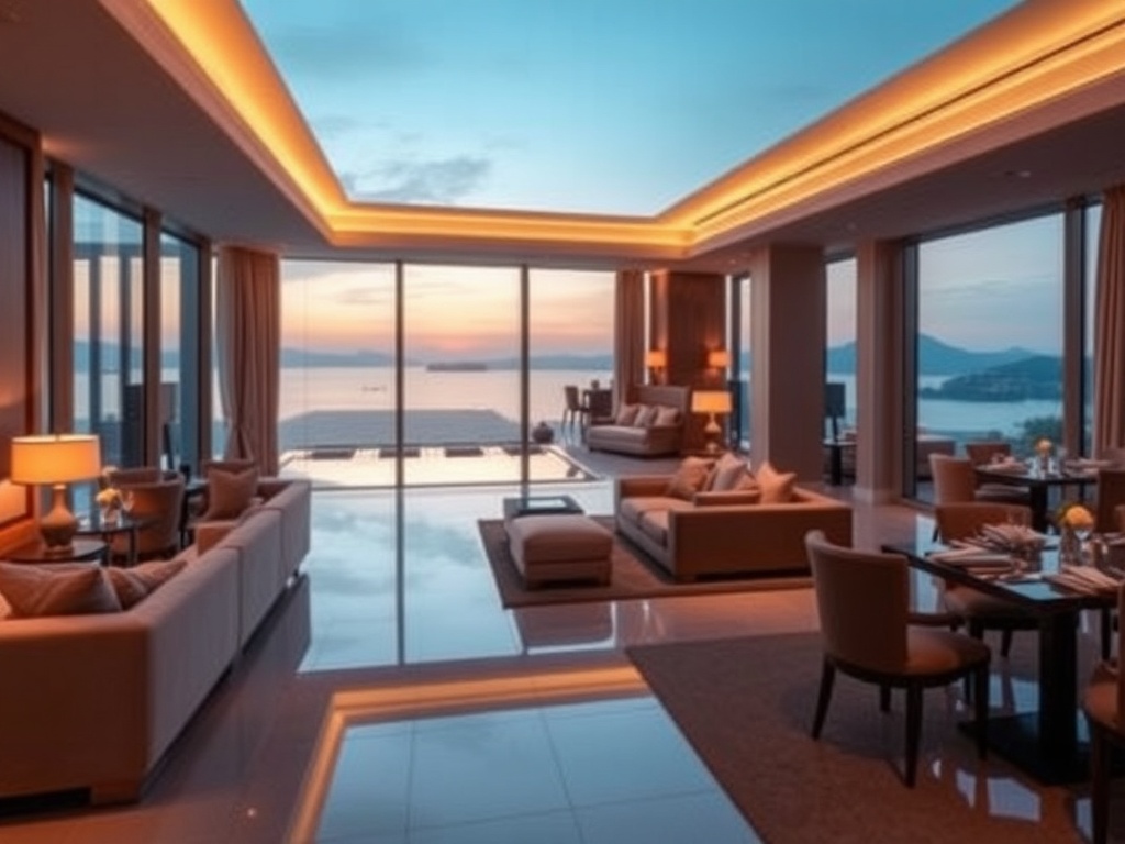 A glamorous hotel lounge with plush sofas, warm ambient lighting, floor-to-ceiling windows, glimpse of elegant suite, infinity pool, refined dining tables"