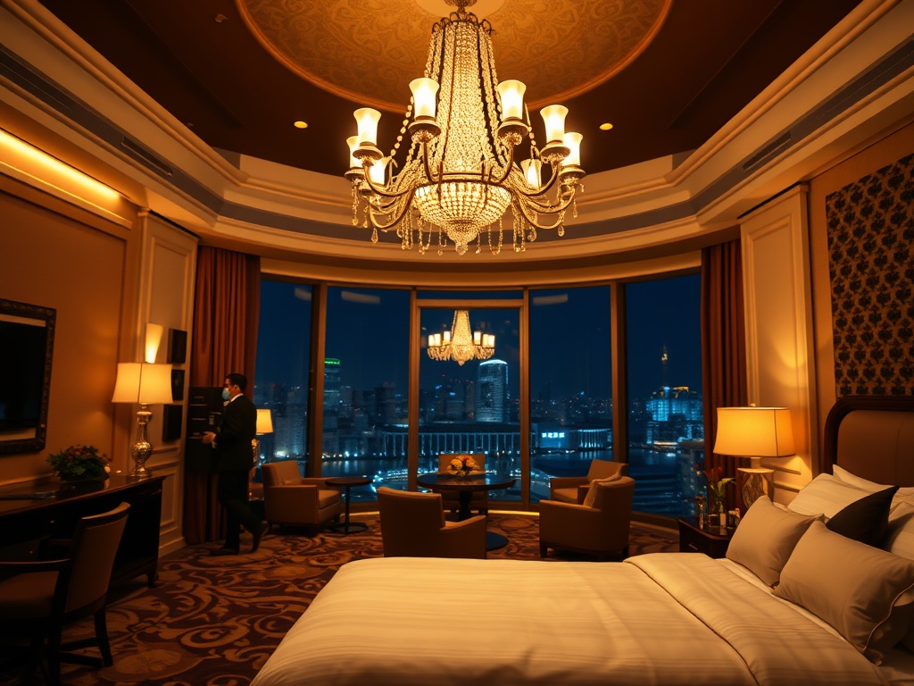 A luxury casino hotel suite at night, warm chandelier glow, plush bed, elegant lounge seating, attentive concierge silhouette, serene atmosphere, cinematic depth of field.