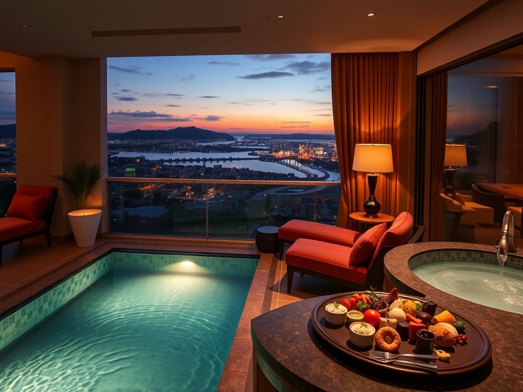 "luxury casino hotel suite balcony at dusk, soft velvet lounge chairs, shimmering indoor pool, spa steam, gourmet dessert platter, warm golden lighting, elegant atmosphere".