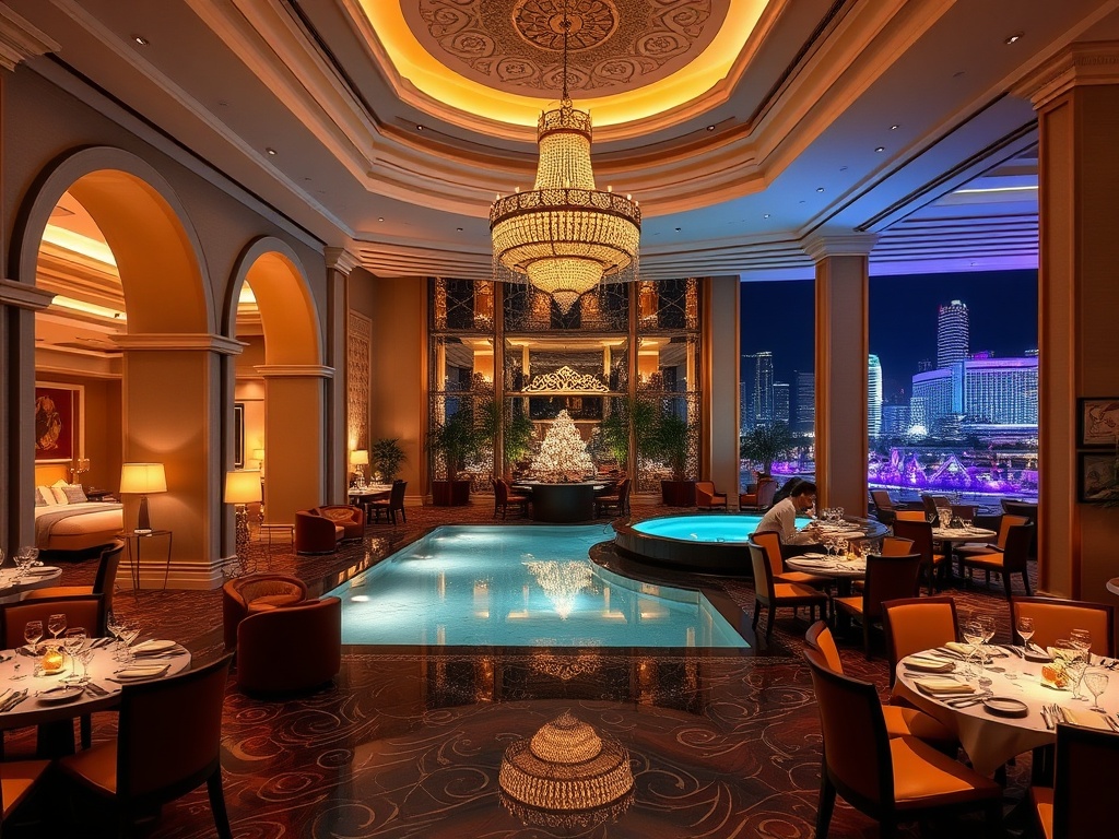 A modern casino hotel interior with elegant lounge, plush suites visible through arches, gourmet dining table, serene spa pool glow, vibrant nightlife lights beyond.