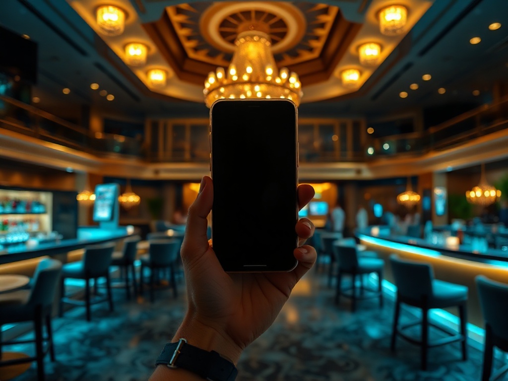A luxurious casino hotel lounge at night, warm golden lighting, elegant seating, bartender glow; a hand holding a smartphone with blurred screens.